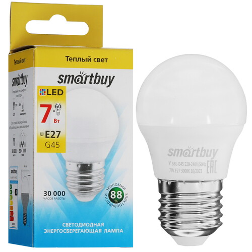 Купить Лампа светодиодная Smartbuy G45-7W/3000/E27  9104992. Характеристики, отзывы и цены в Донецке