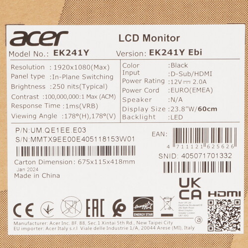 Купить 23.8" Монитор Acer EK241YEbi черный  5463481. Характеристики, отзывы и цены в Донецке