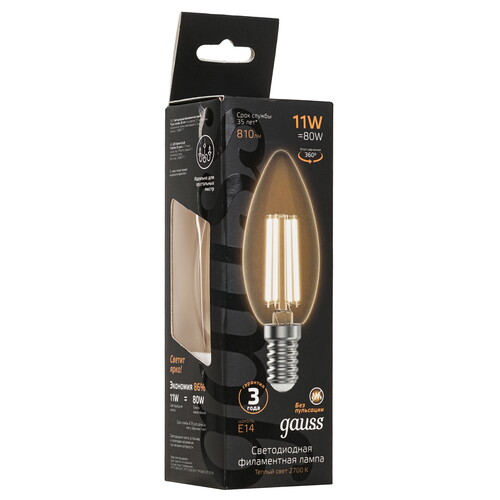 Купить Лампа филаментная Gauss Filament Свеча 11W 810lm 2700К Е14 LED 1/10/50  9109774. Характеристики, отзывы и цены в Донецке