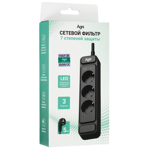 Купить Сетевой фильтр AGNI TP-FS3E черный  9289249. Характеристики, отзывы и цены в Донецке