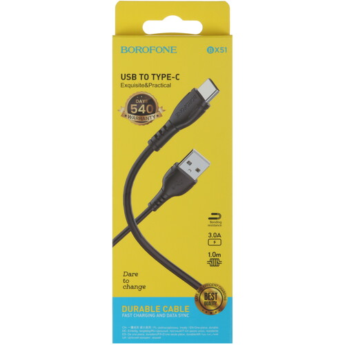 Купить Кабель круглый Borofone USB Type-C - USB 2.0 Type-A черный 1 м  5475015. Характеристики, отзывы и цены в Донецке