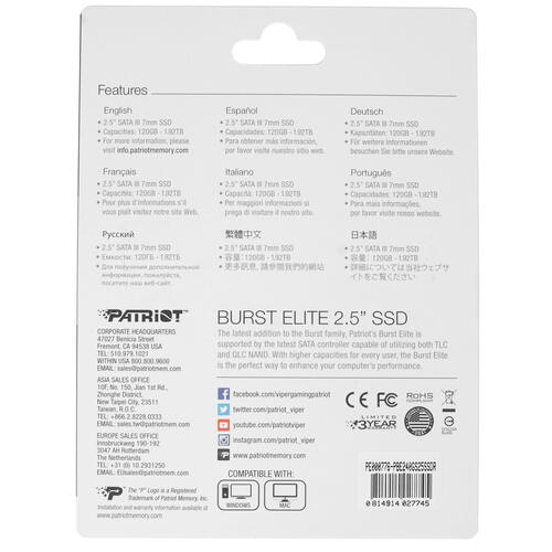 Купить 240 ГБ 2.5" SATA накопитель Patriot Burst Elite [PBE240GS25SSDR]  4746779. Характеристики, отзывы и цены в Донецке
