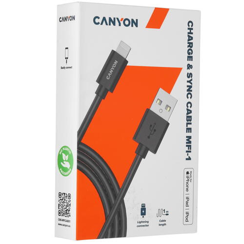Купить Кабель круглый Canyon Lightning 8-pin MFI - USB 2.0 Type-A черный 1 м  5078687. Характеристики, отзывы и цены в Донецке
