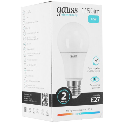 Купить Лампа светодиодная Gauss Elementary A60 12W 1150lm 4100K E27 LED 1/10/40  9106050. Характеристики, отзывы и цены в Донецке