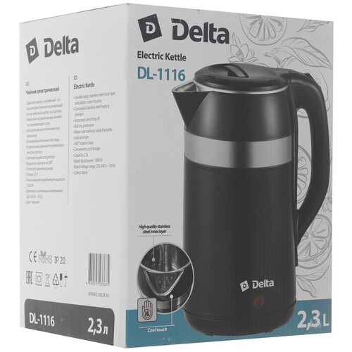 Купить Электрочайник DELTA DL-1116 черный  9235546. Характеристики, отзывы и цены в Донецке
