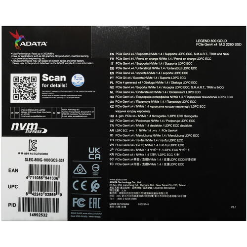 Купить 1000 ГБ M.2 NVMe накопитель ADATA LEGEND 800 GOLD [SLEG-800G-1000GCS-S38]  5449375. Характеристики, отзывы и цены в Донецке