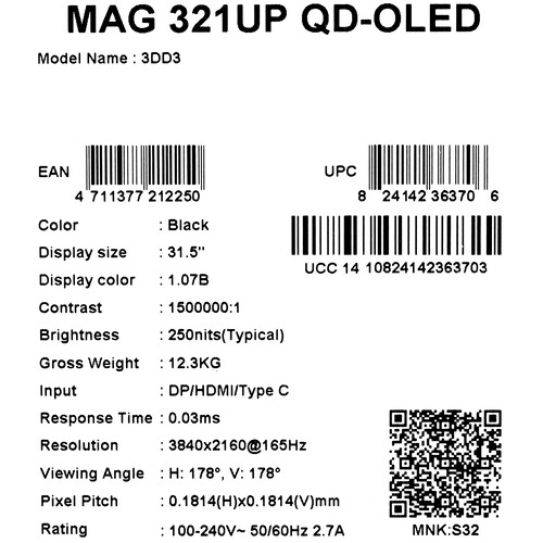 Купить 31.5" Монитор MSI MAG 321UP QD-OLED черный  5457153. Характеристики, отзывы и цены в Донецке