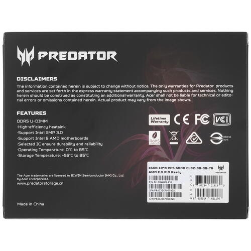 Купить Оперативная память Acer Predator Pallas II [BL.9BWWR.432] 32 ГБ  5447178. Характеристики, отзывы и цены в Донецке