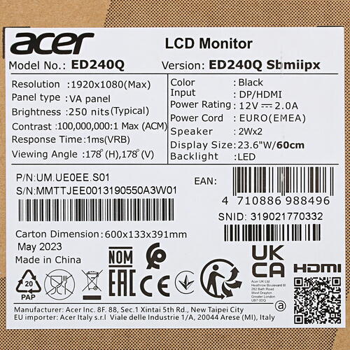 Купить 23.6" Монитор Acer Nitro ED240QSbmiipx черный  5407507. Характеристики, отзывы и цены в Донецке