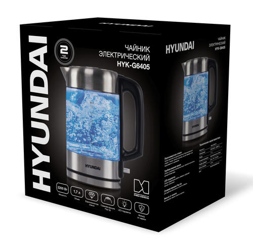 Купить Электрочайник Hyundai HYK-G6405 серебристый  9091244. Характеристики, отзывы и цены в Донецке