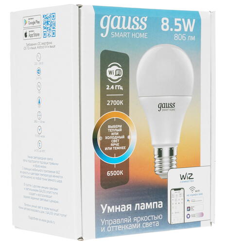 Купить Умная светодиодная лампа Gauss LED IoT E27 A60 ССТ+DIM  1676659. Характеристики, отзывы и цены в Донецке