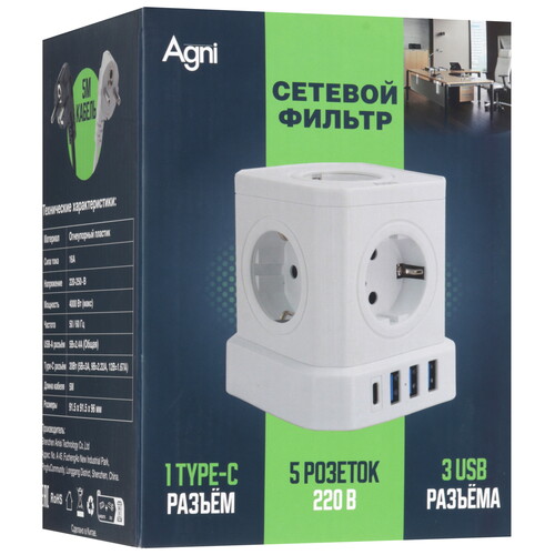 Купить Сетевой фильтр AGNI TP-VE4U5E-C белый  9289307. Характеристики, отзывы и цены в Донецке