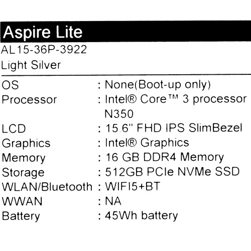 Купить 15.6" Ноутбук Acer Aspire Lite AL15-36P-3922 серебристый  5634263. Характеристики, отзывы и цены в Донецке