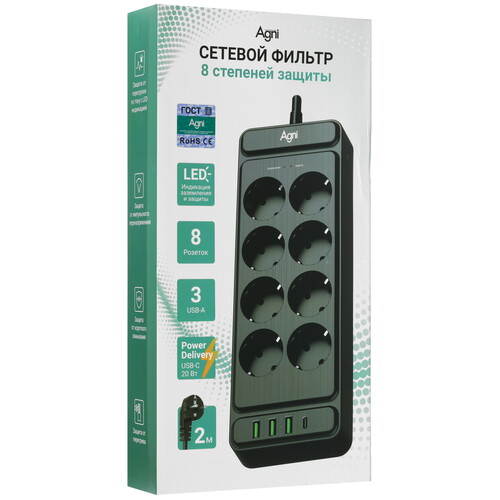 Купить Сетевой фильтр AGNI TP-FS4U8E-PD черный  9289295. Характеристики, отзывы и цены в Донецке