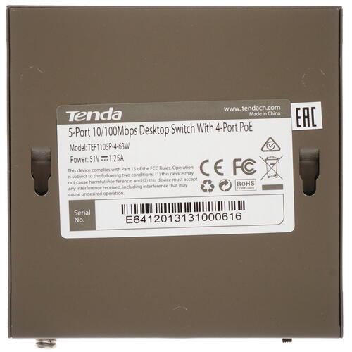 Купить Коммутатор Tenda TEF1105P-4-63W  4856772. Характеристики, отзывы и цены в Донецке