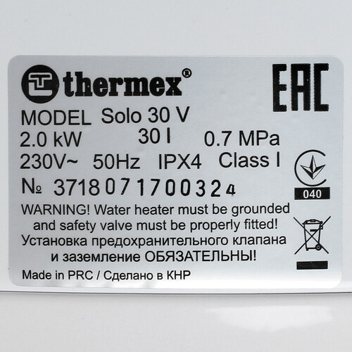 Купить Водонагреватель электрический Thermex Solo 30V  1233625. Характеристики, отзывы и цены в Донецке