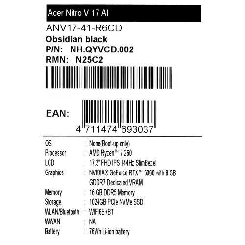 Купить 17.3" Ноутбук Acer Nitro V 17 AI ANV17-41-R6CD черный  5634290. Характеристики, отзывы и цены в Донецке