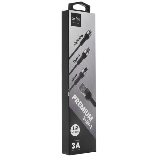 Купить Кабель круглый Perfeo Lightning 8-pin, micro USB, USB Type-C - USB 2.0 Type-A черный 1.2 м  9173194. Характеристики, отзывы и цены в Донецке