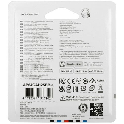 Купить Память USB Flash 64 ГБ Apacer AH25B [AP64GAH25BB-1]  5456206. Характеристики, отзывы и цены в Донецке