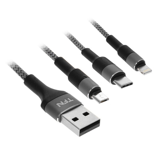 Купить Кабель круглый TFN Lightning 8-pin, micro USB, USB Type-C - USB 2.0 Type-A серый 1.2 м  5009523. Характеристики, отзывы и цены в Донецке