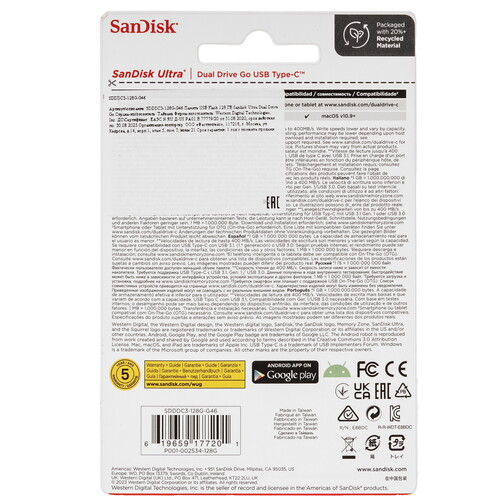 Купить Память OTG USB Flash 128 ГБ SanDisk Ultra Dual Drive Go [SDDDC3-128G-G46]  9102939. Характеристики, отзывы и цены в Донецке