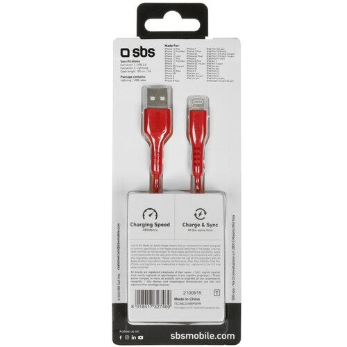 Купить Кабель круглый SBS Lightning 8-pin MFI - USB 2.0 Type-A красный 1 м  5471859. Характеристики, отзывы и цены в Донецке