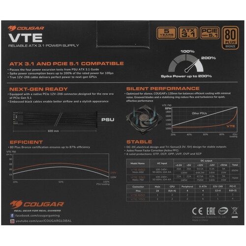 Купить Блок питания Cougar VTE 750  5454637. Характеристики, отзывы и цены в Донецке