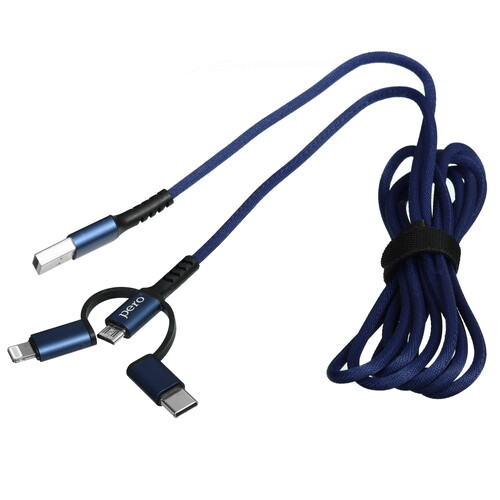 Купить Кабель круглый PERO Lightning 8-pin, micro USB, USB Type-C - USB 2.0 Type-A синий 2 м  5365890. Характеристики, отзывы и цены в Донецке