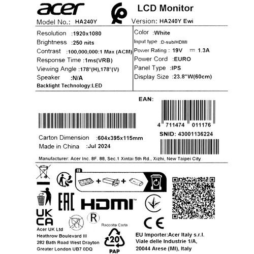Купить 23.8" Монитор Acer HA240YEwi белый  5455876. Характеристики, отзывы и цены в Донецке