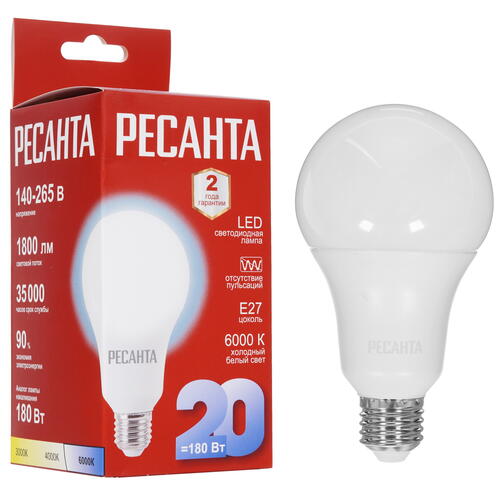 Купить Лампа светодиодная Ресанта LL-R-A80-20W-230-6K-E27  5401725. Характеристики, отзывы и цены в Донецке