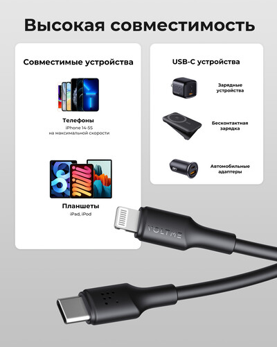 Купить Кабель круглый VOLTME Lightning 8-pin - USB Type-C черный 2 м  9210947. Характеристики, отзывы и цены в Донецке