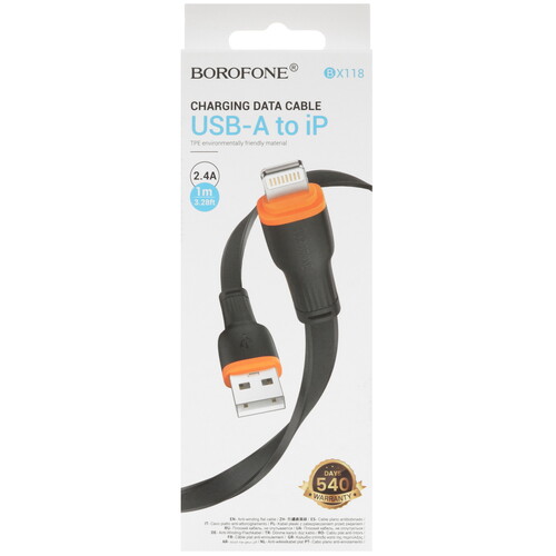 Купить Кабель плоский Borofone Lightning 8-pin - USB 2.0 Type-A черный 1 м  5635302. Характеристики, отзывы и цены в Донецке