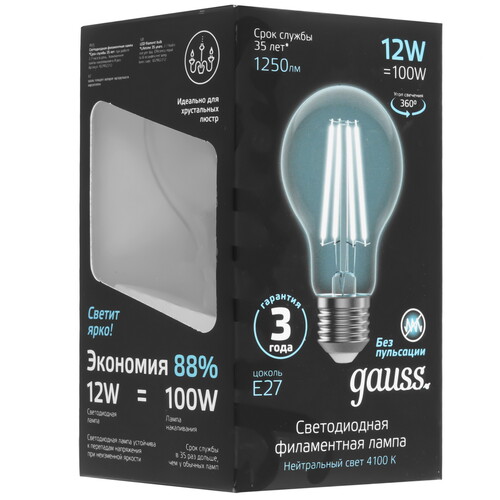 Купить Лампа филаментная Gauss Filament А60 12W 1250lm 4100К Е27 LED 1/10/40  9109681. Характеристики, отзывы и цены в Донецке
