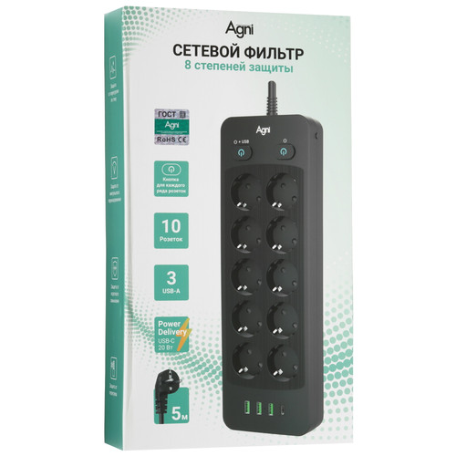 Купить Сетевой фильтр AGNI TP-FO4U10E-C черный  9289339. Характеристики, отзывы и цены в Донецке