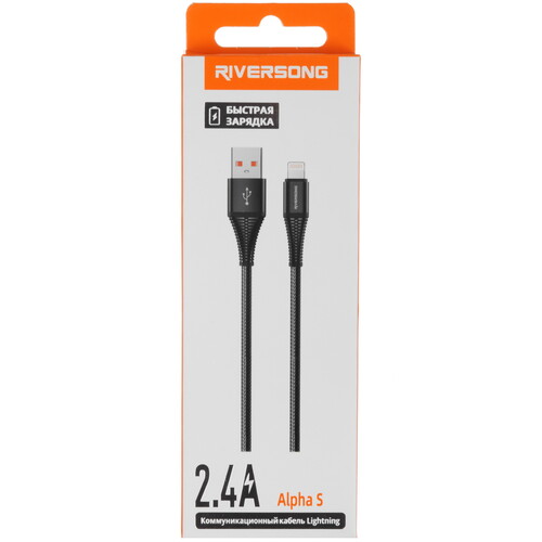 Купить Дата-кабель Riversong  Alpha S, USBA-Lightning, 1м, оплетка нейлон, 2.4А, черный  5489949. Характеристики, отзывы и цены в Донецке