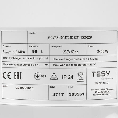 Купить Бойлер косвенного нагрева TESY GCV9S 1004724D C21 TS2RCP  8196328. Характеристики, отзывы и цены в Донецке