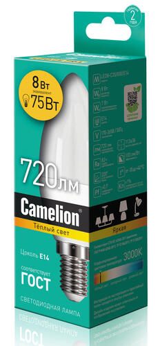 Купить Лампа светодиодная Camelion LED C35-8w-830-E14  1109767. Характеристики, отзывы и цены в Донецке