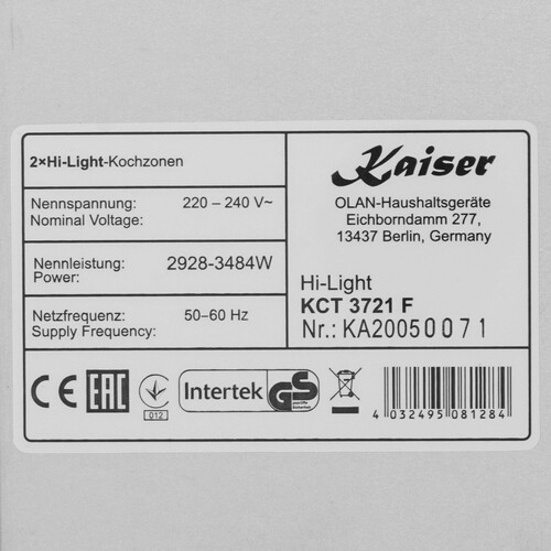 Купить Электрическая варочная поверхность Kaiser KCT 3721 F  8196023. Характеристики, отзывы и цены в Донецке