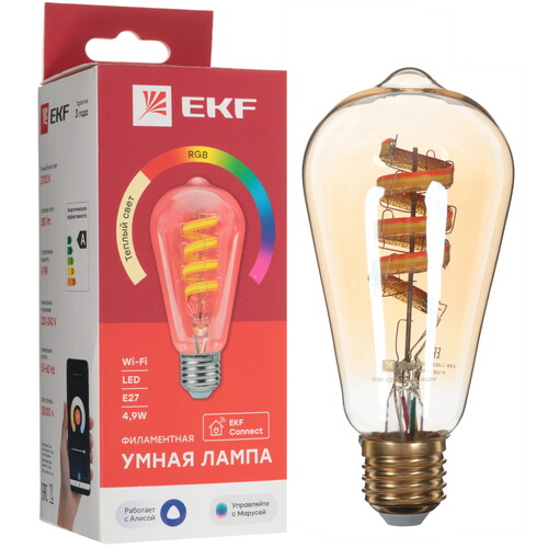 Купить Умная филаментная лампа EKF Connect E27 ST64 RGB  5490563. Характеристики, отзывы и цены в Донецке