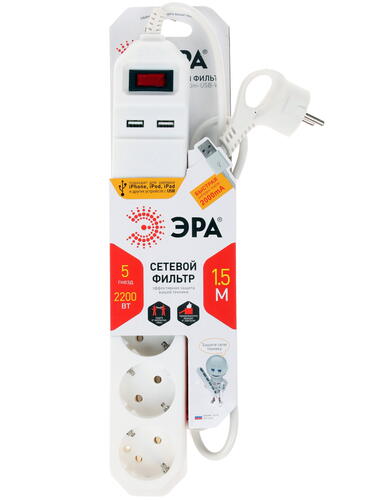 Купить Сетевой фильтр ЭРА USF-5es-1.5m-USB-W белый  1250754. Характеристики, отзывы и цены в Донецке