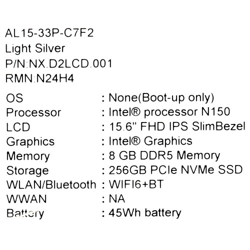 Купить 15.6" Ноутбук Acer Aspire Lite 15 AL15-33P-C7F2 серебристый  5612114. Характеристики, отзывы и цены в Донецке