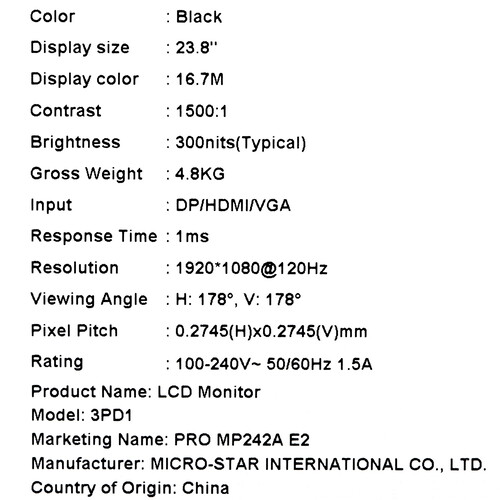 Купить 23.8" Монитор MSI PRO MP242A E2 черный  5482983. Характеристики, отзывы и цены в Донецке
