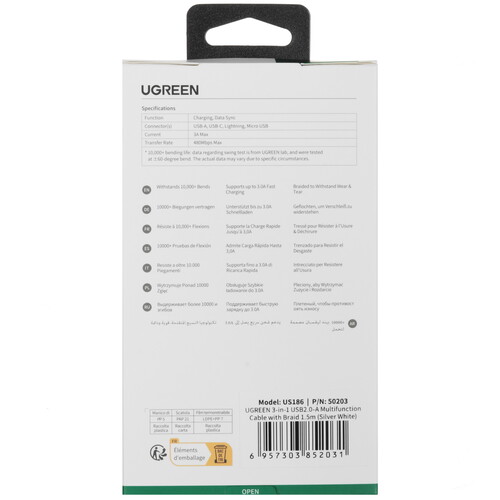 Купить Кабель круглый Ugreen Lightning 8-pin, micro USB, USB Type-C - USB 2.0 Type-A серебристый 1.5 м  9983421. Характеристики, отзывы и цены в Донецке