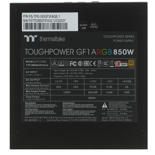 Купить Блок питания Thermaltake Toughpower GF1 ARGB 850W [PS-TPD-0850F3FAGE-1]  1398487. Характеристики, отзывы и цены в Донецке
