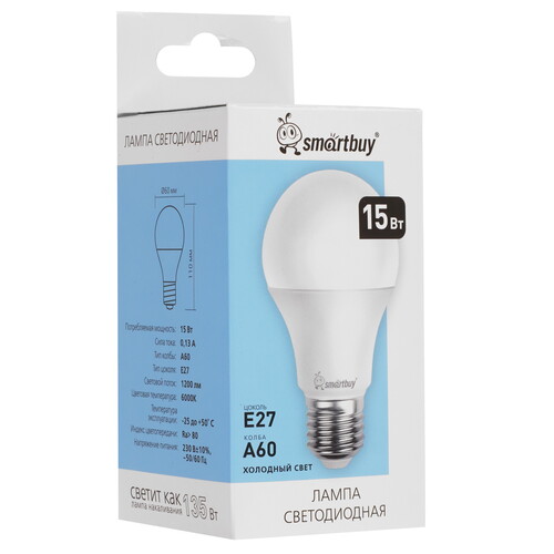 Купить Лампа светодиодная Smartbuy A60-15W/6000/E27  9192683. Характеристики, отзывы и цены в Донецке