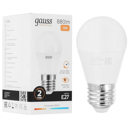 Купить Лампа светодиодная Gauss Elementary Шар 12W 880lm 3000K Е27 LED 1/10/100  9109716. Характеристики, отзывы и цены в Донецке