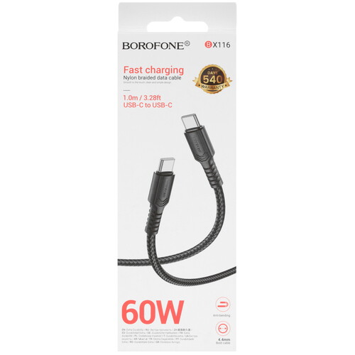 Купить Кабель круглый Borofone USB Type-C - USB Type-C черный 1 м  5635389. Характеристики, отзывы и цены в Донецке