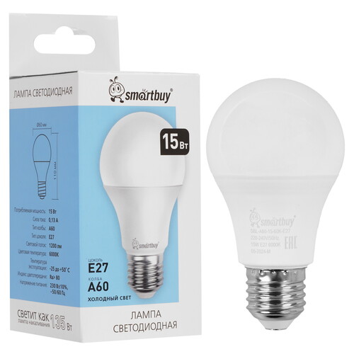 Купить Лампа светодиодная Smartbuy A60-15W/6000/E27  9192683. Характеристики, отзывы и цены в Донецке