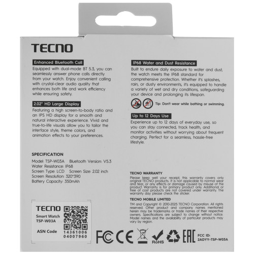 Купить Смарт-часы Tecno Watch 3 Active  5632320. Характеристики, отзывы и цены в Донецке