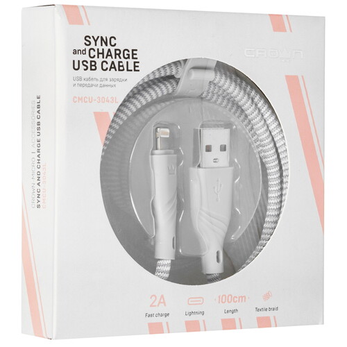 Купить Кабель круглый Crown Lightning 8-pin - USB 2.0 Type-A серый 1 м  5479777. Характеристики, отзывы и цены в Донецке